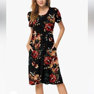 Longyuan Women’s Sundress Black Floral Empire Waist Pockets
